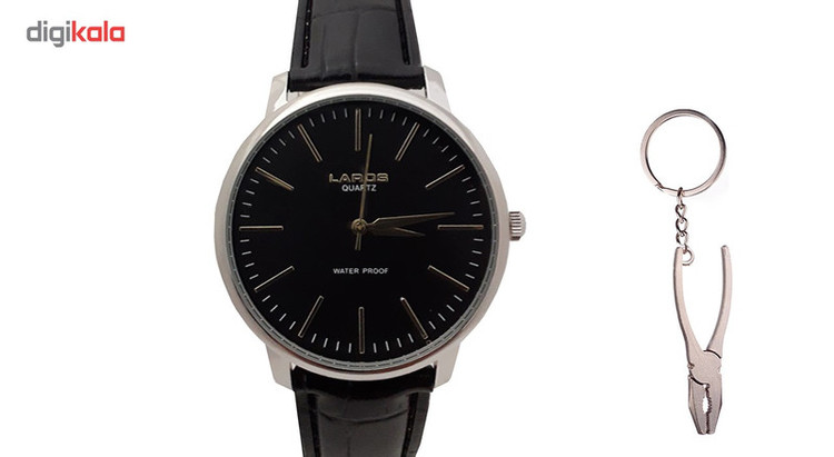 ساعت مچی عقربه ای مردانه لاروس مدل 80081S-Black به همراه جاسوییچی طرح انبردست مدل JK106